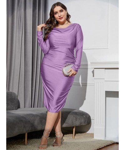 Women's Plus Size Long Sleeve Draped Cowl Neck Party Bodycon Midi Dress Lilac Purple $27.92 Dresses