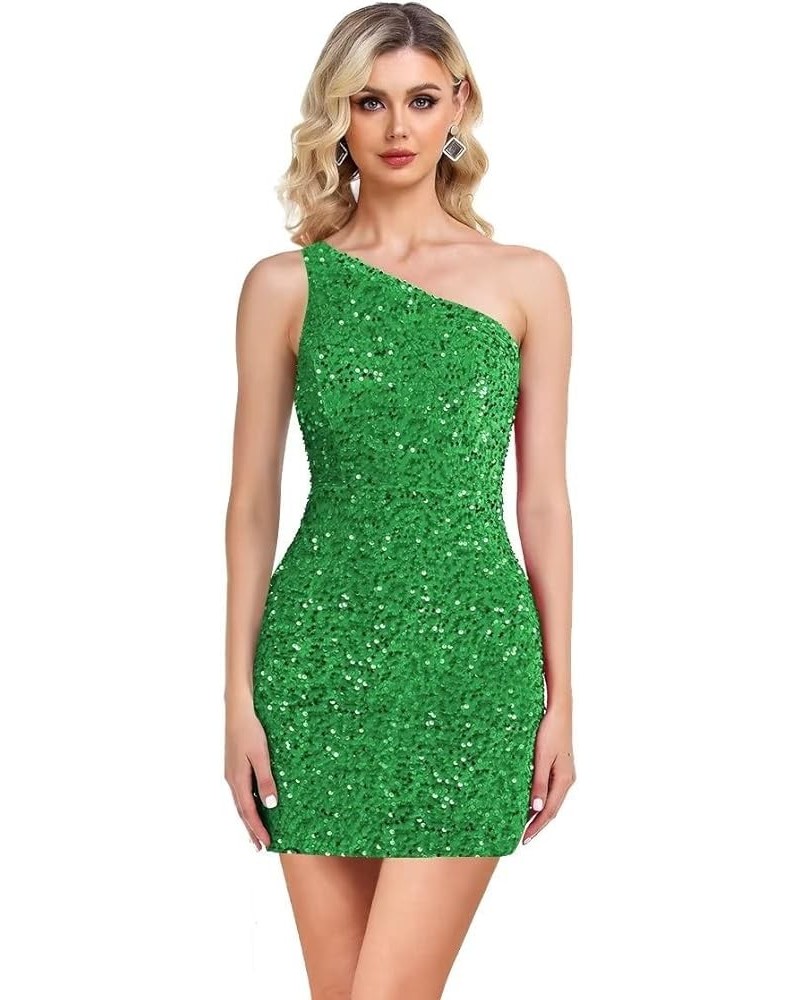 One Shoulder Sequin Homecoming Dress Tight Short Prom Dress Sparkly Backless Cocktail Mini Dress for Teens Green $34.56 Dresses