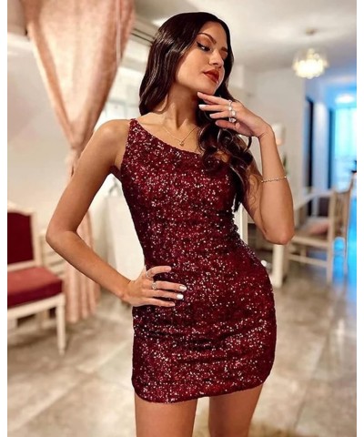 One Shoulder Sequin Homecoming Dress Tight Short Prom Dress Sparkly Backless Cocktail Mini Dress for Teens Green $34.56 Dresses