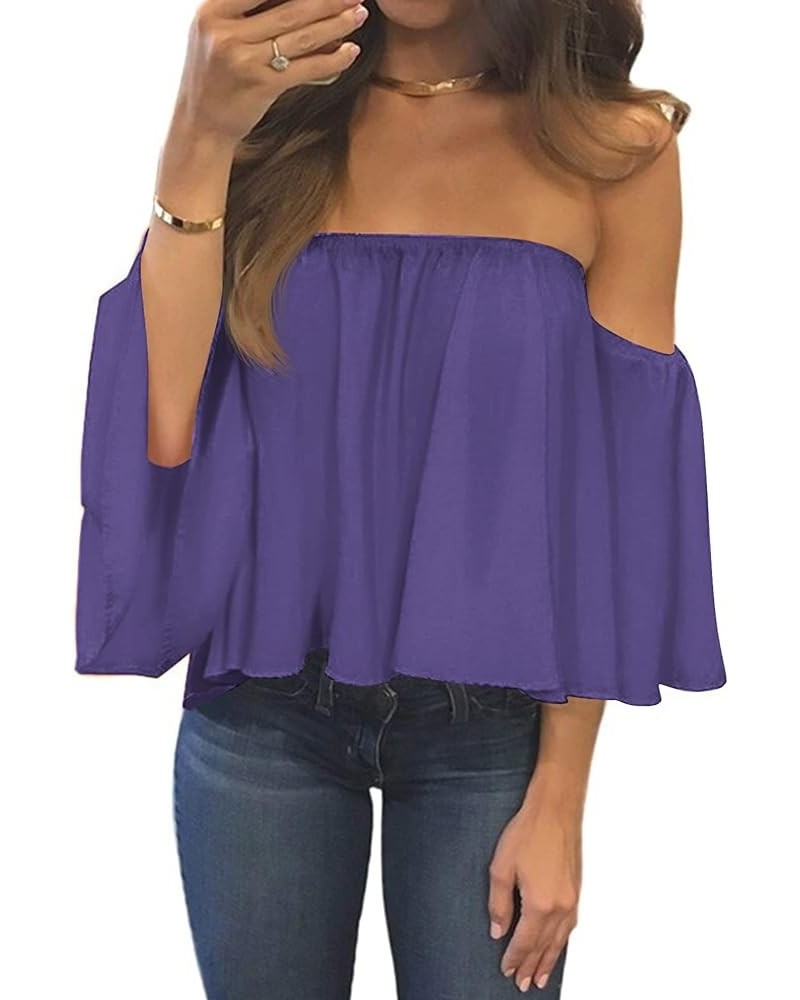 Women Summer Off Shoulder Chiffon Blouses Ruffles Short Sleeves Sexy Tops Casual T Shirts Purple $18.81 Blouses