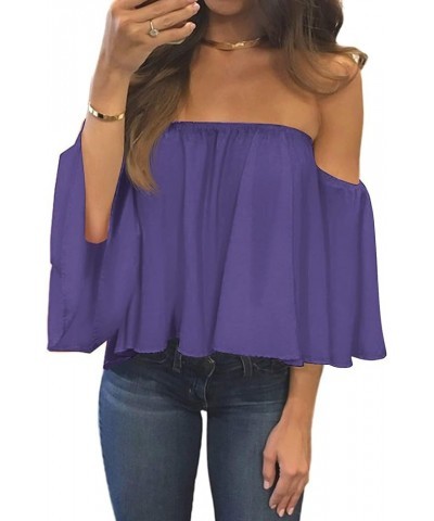 Women Summer Off Shoulder Chiffon Blouses Ruffles Short Sleeves Sexy Tops Casual T Shirts Purple $18.81 Blouses