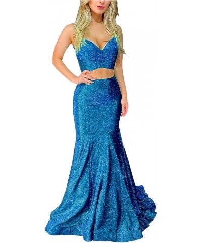 Two-Pieces Mermaid Shimmer Prom Dresses Party Skirt for Women Glittery Cocktail Evening Gowns Casual Party Dresses Peacock Bl...