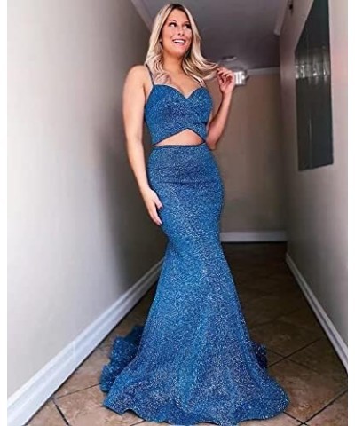 Two-Pieces Mermaid Shimmer Prom Dresses Party Skirt for Women Glittery Cocktail Evening Gowns Casual Party Dresses Peacock Bl...