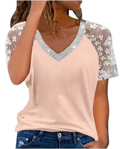 Lace Floral Short Sleeve Tops for Women Summer Boho Print Tshirts Patchwork V Neck Short Sleeve Blouses Tunics Tops 02 Orange...