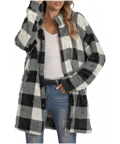 Women's Casual Christmas Plaid Jacket Long Sleeve Buttons Plush Cardigan Winter Warm Lapel Trench Coat Gray $16.00 Jackets