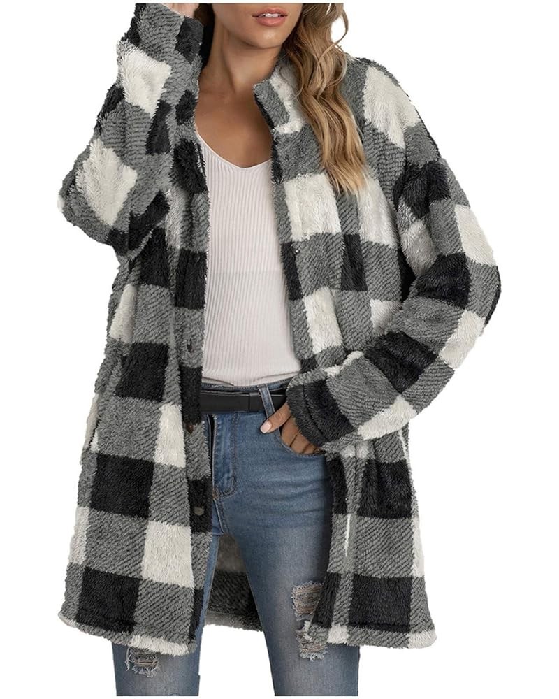 Women's Casual Christmas Plaid Jacket Long Sleeve Buttons Plush Cardigan Winter Warm Lapel Trench Coat Gray $16.00 Jackets