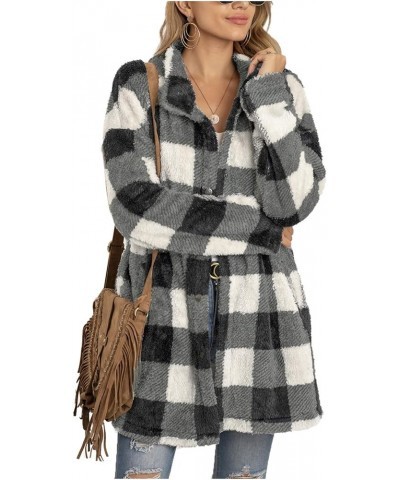 Women's Casual Christmas Plaid Jacket Long Sleeve Buttons Plush Cardigan Winter Warm Lapel Trench Coat Gray $16.00 Jackets