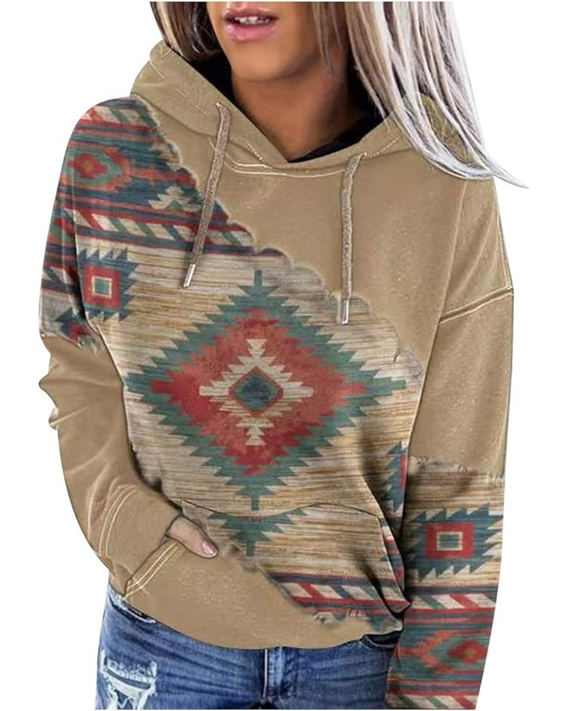 Women's Ethnic Graphic Long Sleeve Sweatshirts Western Aztec Geometric Pullover Tops 2023 Fall Fashion Sweatshirt 02-khaki $1...