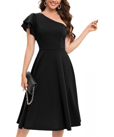 Womens One Shoulder Wedding Guest Dress 2023 Short Sleeve A-line Midi Formal Cocktail Dress Black $26.39 Dresses