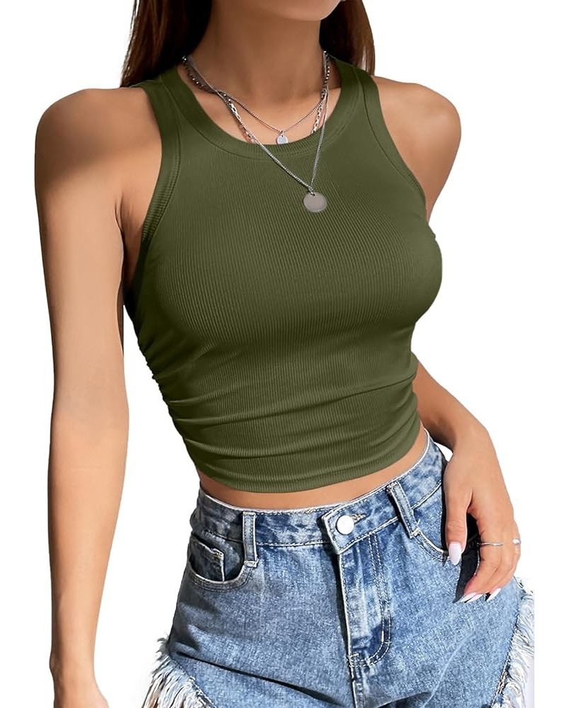 Womens Crop Sleeveless Racerback Tank Tops Rib-Knit Casual Basic Shirts A-dark Green $10.00 Tops