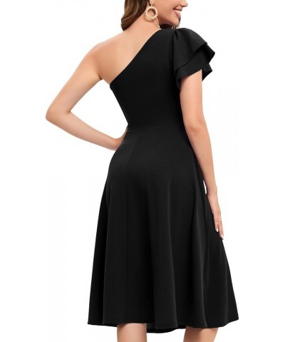 Womens One Shoulder Wedding Guest Dress 2023 Short Sleeve A-line Midi Formal Cocktail Dress Black $26.39 Dresses