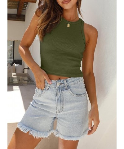 Womens Crop Sleeveless Racerback Tank Tops Rib-Knit Casual Basic Shirts A-dark Green $10.00 Tops