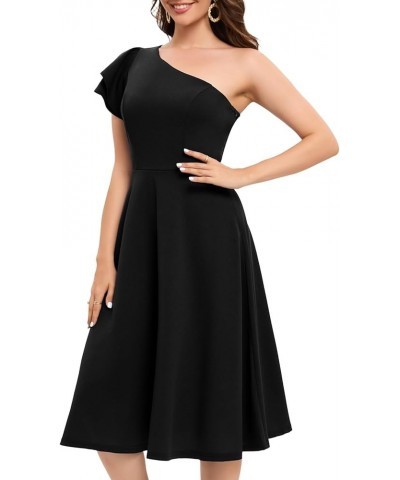 Womens One Shoulder Wedding Guest Dress 2023 Short Sleeve A-line Midi Formal Cocktail Dress Black $26.39 Dresses