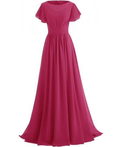 Ruffle Sleeves Bridesmaid Dresses Long Chiffon Prom Formal Evening Dresses for Women with Pockets Hot Pink $30.00 Dresses