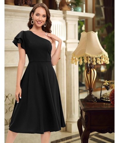 Womens One Shoulder Wedding Guest Dress 2023 Short Sleeve A-line Midi Formal Cocktail Dress Black $26.39 Dresses