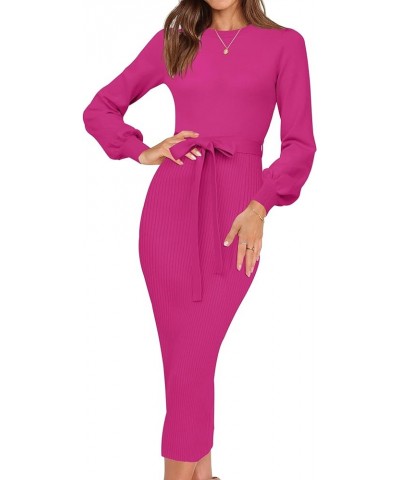 Womens 2024 Spring Sweater Dress Elegant Ribbed Knit Crewneck Long Puff Sleeve Bodycon Fall & Winter Midi Dress Rose $20.25 S...