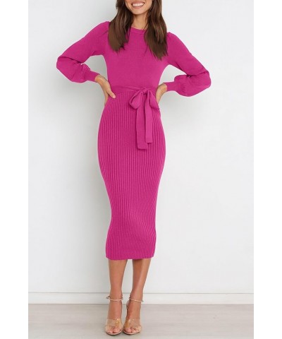 Womens 2024 Spring Sweater Dress Elegant Ribbed Knit Crewneck Long Puff Sleeve Bodycon Fall & Winter Midi Dress Rose $20.25 S...