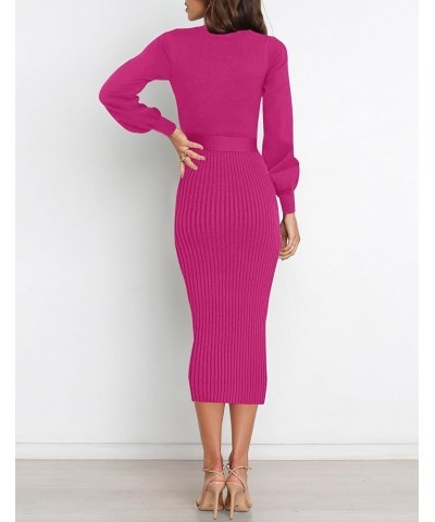 Womens 2024 Spring Sweater Dress Elegant Ribbed Knit Crewneck Long Puff Sleeve Bodycon Fall & Winter Midi Dress Rose $20.25 S...