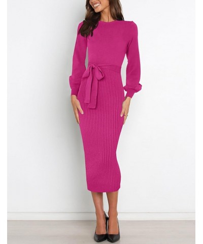 Womens 2024 Spring Sweater Dress Elegant Ribbed Knit Crewneck Long Puff Sleeve Bodycon Fall & Winter Midi Dress Rose $20.25 S...