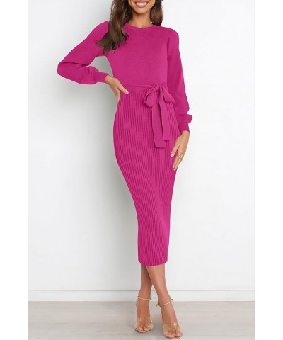 Womens 2024 Spring Sweater Dress Elegant Ribbed Knit Crewneck Long Puff Sleeve Bodycon Fall & Winter Midi Dress Rose $20.25 S...