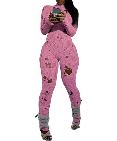 Women Sexy Hollow Out Bodycon Jumpsuit Crochet Knit Long Sleeve One Piece Romper Y2K Fairy Grunge Ripped Overalls Pink $14.10...