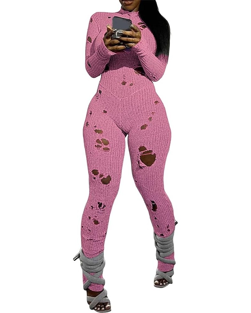 Women Sexy Hollow Out Bodycon Jumpsuit Crochet Knit Long Sleeve One Piece Romper Y2K Fairy Grunge Ripped Overalls Pink $14.10...