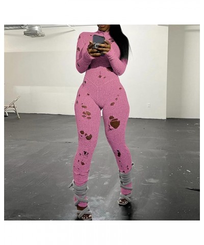 Women Sexy Hollow Out Bodycon Jumpsuit Crochet Knit Long Sleeve One Piece Romper Y2K Fairy Grunge Ripped Overalls Pink $14.10...