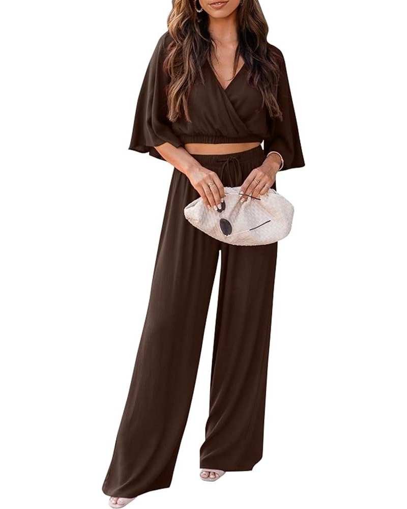 2 Piece Outfits For Women 2024 Summer Short Sleeve Wrap V Neck Crop Tops Wide Leg Pants Set Dark Brown $23.45 Activewear