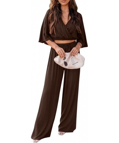 2 Piece Outfits For Women 2024 Summer Short Sleeve Wrap V Neck Crop Tops Wide Leg Pants Set Dark Brown $23.45 Activewear