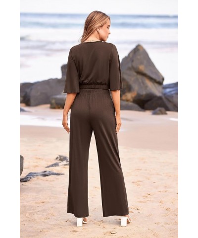 2 Piece Outfits For Women 2024 Summer Short Sleeve Wrap V Neck Crop Tops Wide Leg Pants Set Dark Brown $23.45 Activewear