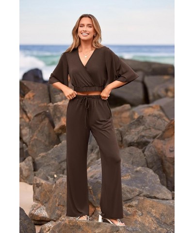 2 Piece Outfits For Women 2024 Summer Short Sleeve Wrap V Neck Crop Tops Wide Leg Pants Set Dark Brown $23.45 Activewear