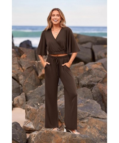 2 Piece Outfits For Women 2024 Summer Short Sleeve Wrap V Neck Crop Tops Wide Leg Pants Set Dark Brown $23.45 Activewear