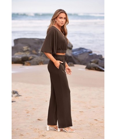 2 Piece Outfits For Women 2024 Summer Short Sleeve Wrap V Neck Crop Tops Wide Leg Pants Set Dark Brown $23.45 Activewear