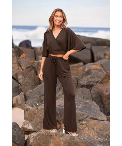 2 Piece Outfits For Women 2024 Summer Short Sleeve Wrap V Neck Crop Tops Wide Leg Pants Set Dark Brown $23.45 Activewear