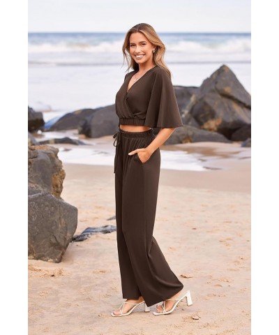 2 Piece Outfits For Women 2024 Summer Short Sleeve Wrap V Neck Crop Tops Wide Leg Pants Set Dark Brown $23.45 Activewear