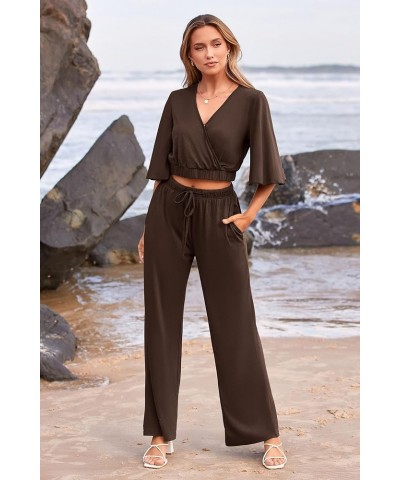 2 Piece Outfits For Women 2024 Summer Short Sleeve Wrap V Neck Crop Tops Wide Leg Pants Set Dark Brown $23.45 Activewear