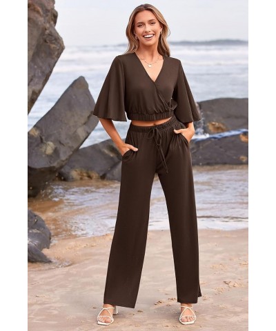 2 Piece Outfits For Women 2024 Summer Short Sleeve Wrap V Neck Crop Tops Wide Leg Pants Set Dark Brown $23.45 Activewear