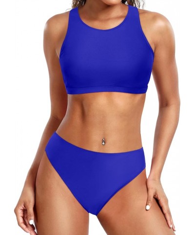 Sporty Bikini Athletic Bikini Swimsuit for Women Two Piece Bathing Suit for Teen Juniors High Neck Swimwear Blue Sports Bikin...