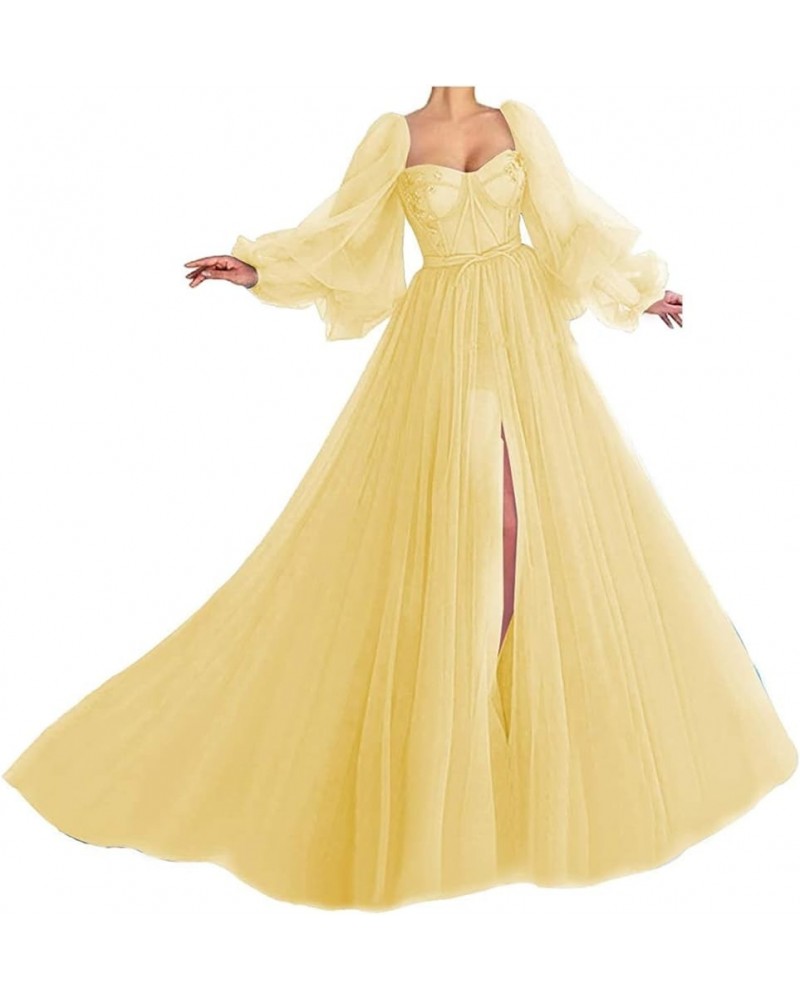 Puffy Sleeve Prom Dress for Women Long Sweetheart Tulle Ball Gown Split Formal Evening Party Gowns Yellow $38.88 Dresses