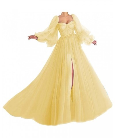 Puffy Sleeve Prom Dress for Women Long Sweetheart Tulle Ball Gown Split Formal Evening Party Gowns Yellow $38.88 Dresses