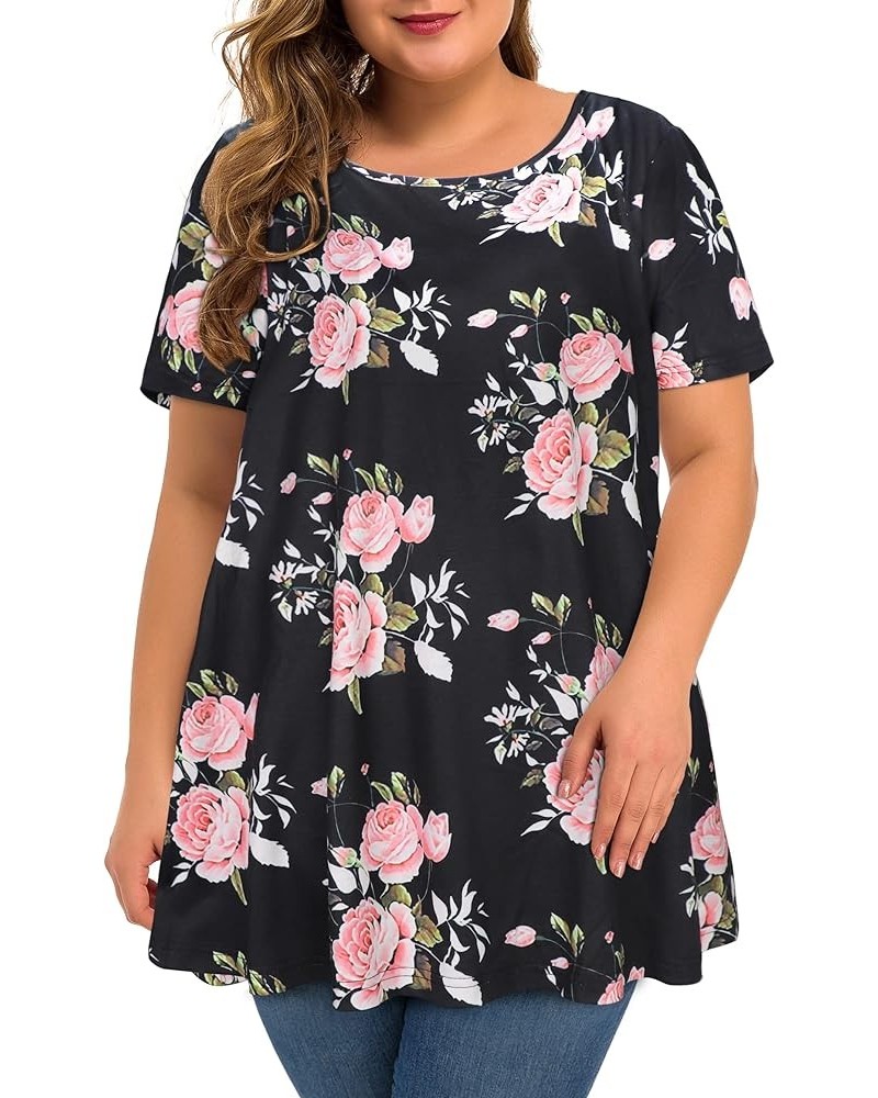 Plus Size Tops for Women Tunic Floral Casual Short Sleeves T Shirts Flowy Blouses Black Pink Rose $10.32 Tops