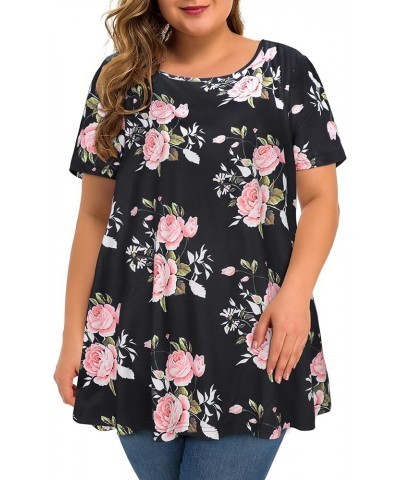 Plus Size Tops for Women Tunic Floral Casual Short Sleeves T Shirts Flowy Blouses Black Pink Rose $10.32 Tops