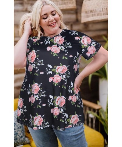 Plus Size Tops for Women Tunic Floral Casual Short Sleeves T Shirts Flowy Blouses Black Pink Rose $10.32 Tops