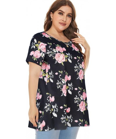 Plus Size Tops for Women Tunic Floral Casual Short Sleeves T Shirts Flowy Blouses Black Pink Rose $10.32 Tops