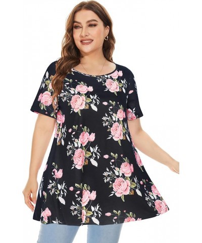 Plus Size Tops for Women Tunic Floral Casual Short Sleeves T Shirts Flowy Blouses Black Pink Rose $10.32 Tops