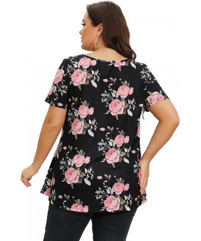 Plus Size Tops for Women Tunic Floral Casual Short Sleeves T Shirts Flowy Blouses Black Pink Rose $10.32 Tops