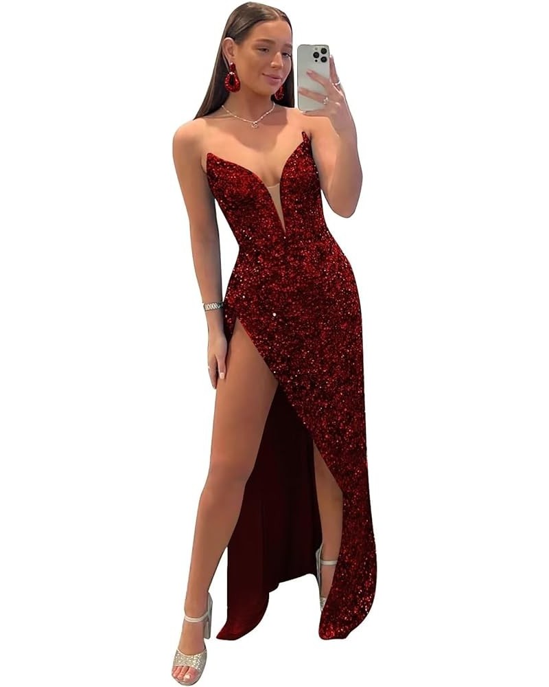 Long Sequin Prom Dress for Women Mermaid Strapless Formal Gown Evening Dresses with Slit Burgundy $30.75 Dresses