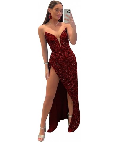 Long Sequin Prom Dress for Women Mermaid Strapless Formal Gown Evening Dresses with Slit Burgundy $30.75 Dresses