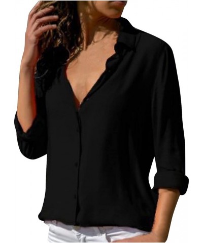 White Button Down Shirt Women Long Roll up Sleeve Lapel Dress Shirts Casual Work Business Solid Color Loose Blouse Black $4.8...