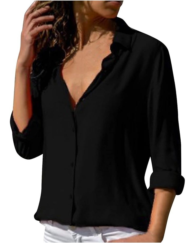 White Button Down Shirt Women Long Roll up Sleeve Lapel Dress Shirts Casual Work Business Solid Color Loose Blouse Black $4.8...